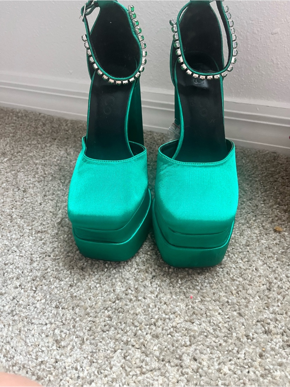 Green Satin Platform Ankle-Strap Heels with Studded Trim